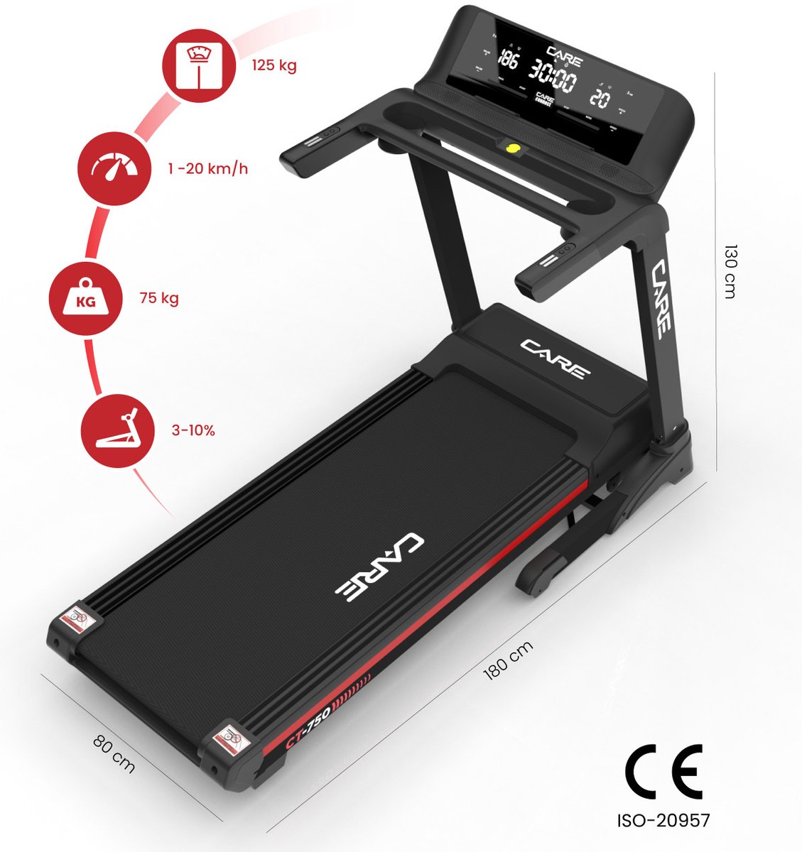 CARE CT-750 - Connected en opvouwbare loopband - Maximale snelheid 20 km/u - 50 programma’s - Gemotoriseerde helling tot max. 10% - Intensief thuisgebruik thumbnail 2