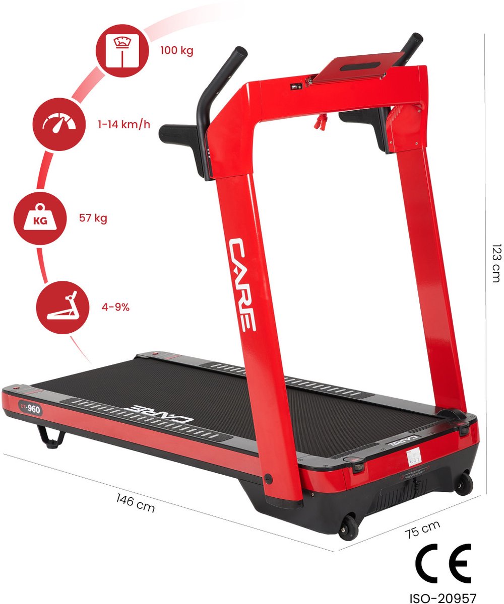 CARE CT-960 - Connected loopband - Maximale snelheid 14 km/u - 8 programma’s - Opvouwbaar - Gemotoriseerde helling tot max. 9% - Voor thuisgebruik - Rood thumbnail 3