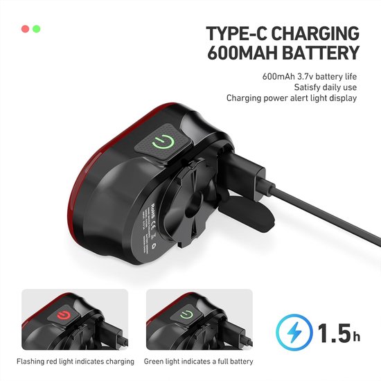 Fietsverlichting voor - en achterlicht, smart voor - en achterlicht, 11+20 modes remsensor fietsachterlicht, USB oplaadbare fietslichtset, waterdicht IP6, fietsveiligheidsaccessoires — afbeelding 4