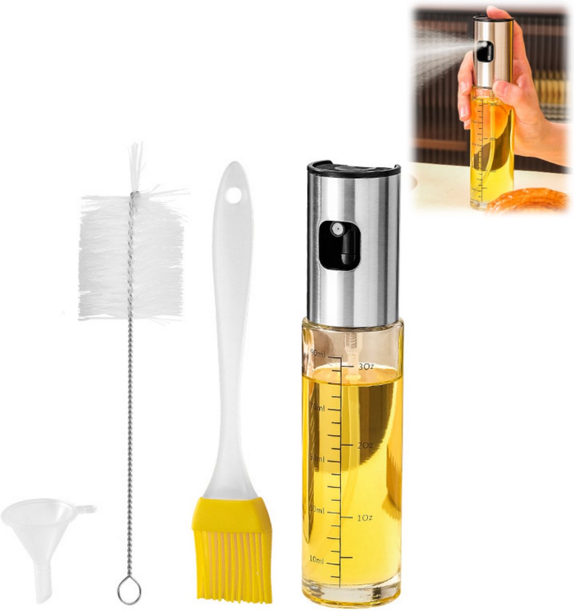 1 stuk - Fles - Oliefles - Spuitfles - Olijfoliedispenser - Met maatverdeling en kwastje - Geschikt voor salades en barbecues - Keukenaccessoires - Gezond koken - 100 ml - Zilver