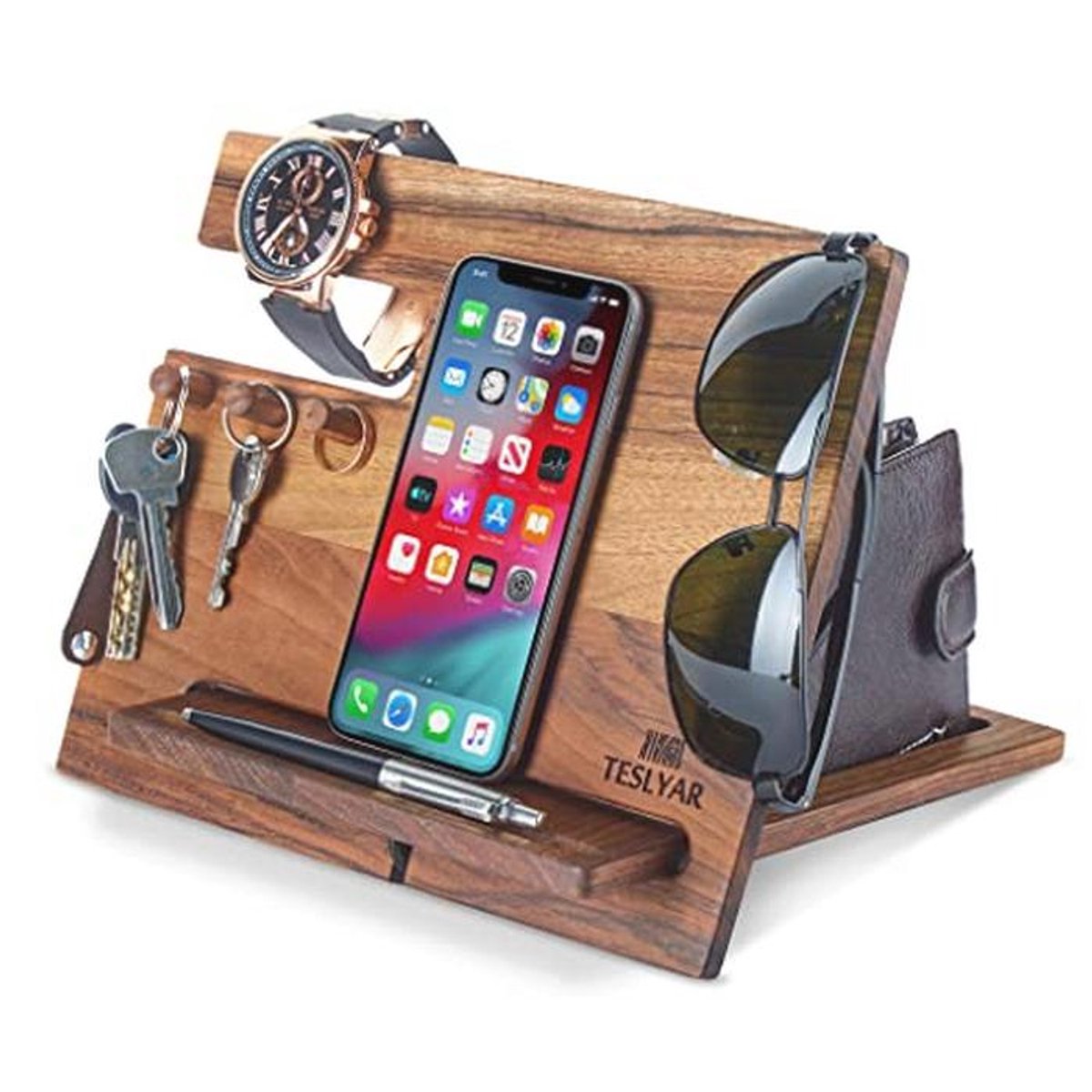 Houten Docking Station Key Holder Organizer voor Mannen - Perfect Cadeau voor Vader, Echtgenoot of vriend