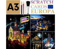 Ainy - Iriserend Scratch Art Europa 2 (A3) | 4 krastekening incl. incl gereedschappen | Kras tekeningen | Schilderen op kleuren kunst kraskaart | hobby & creatief voor volwassenen en kinderen | Knutselen - ontspanningspakket