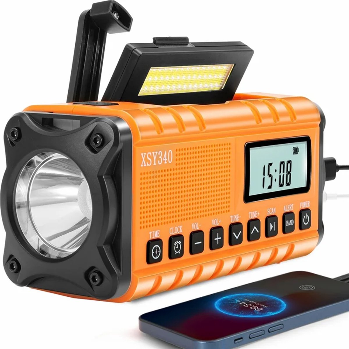 XSY 340 - Noodradio - 10000mAh PowerBank - Zonnepaneel - Leeslamp - Oranje