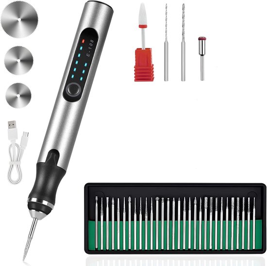 Mini Drill - Elektrische boormachine - met 3 snelheidsinstellingen - Elektrische graveerpen met - USB oplaadbare draadloze graveermachine, draagbare doe-het-zelf roterende graveermachine voor sieraden, hout, glas en steen (zilver)