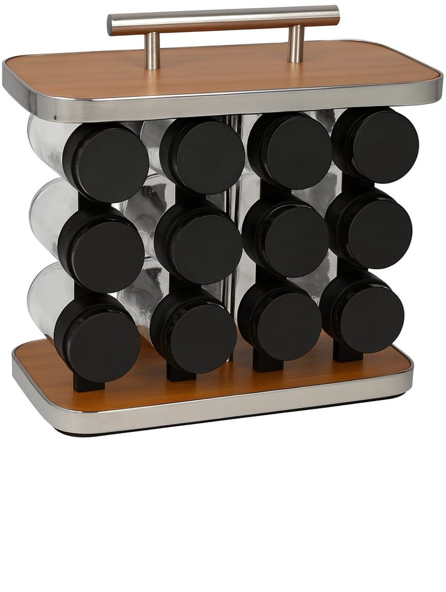 Bavary Collection Luxe Kruidenrek – 12 Glazen Potjes – Modern RVS/Hout Kruidenorganizer