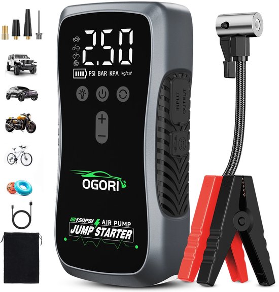 Draagbare Auto Jumpstarter met Luchtcompressor – 150 PSI Bandenpomp, 12000 mAh Powerbank, 12 V Accu Booster met LED Zaklamp, SOS Noodverlichting – Voor Benzine & Dieselvoertuigen