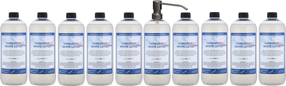 Handzeep White Lotus 1 liter - set van 10 stuks - met gratis RVS zilverkleurige pomp - Voordeelverpakking