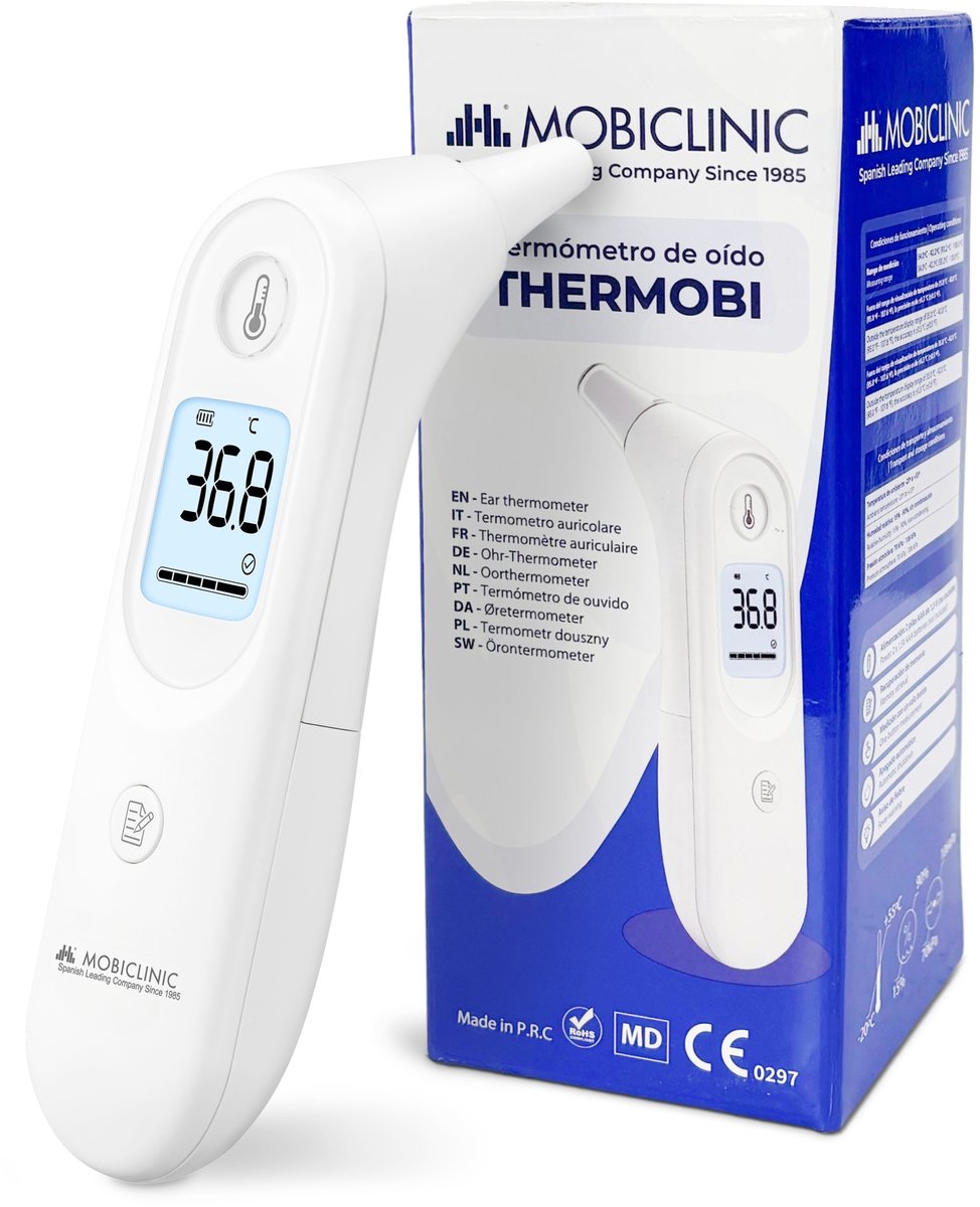 Mobiclinic Thermobi - Oorthermometer - Huishoudelijke oorthermometer - Digitale Koortsthermometer - Voor Volwassenen en Kinderen - Automatische uitschakeling - Nauwkeurig - Verlicht display - Snelle meting - Wit