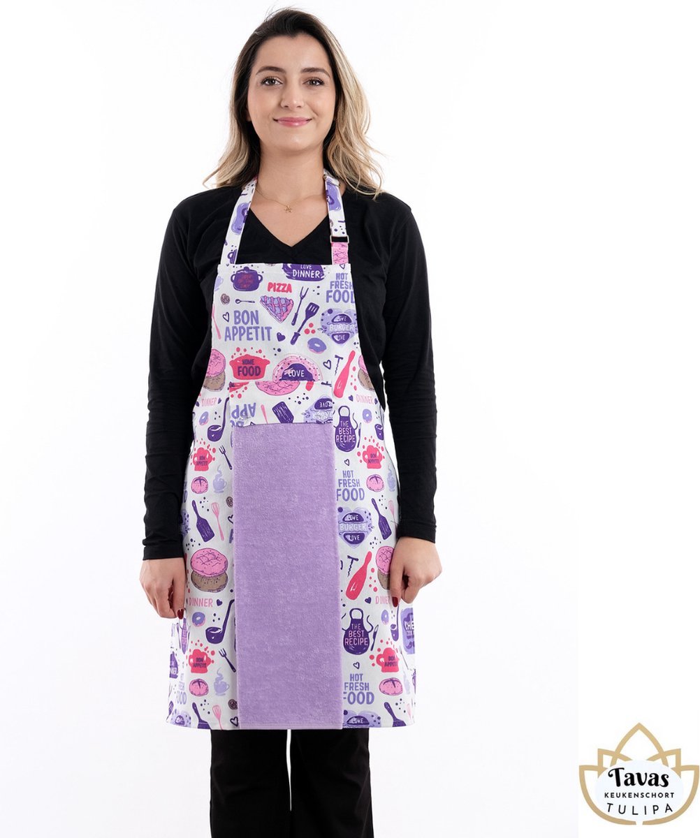 Tulipa Master Keukenschort met Handdoek Lila Bakery Professioneel Verstelbaar Kookschort 55 x 75cm | Handdoek - 30 x 50 | BBQ Schort Horecakwaliteit Schorten voor vrouwen One Size Fits All