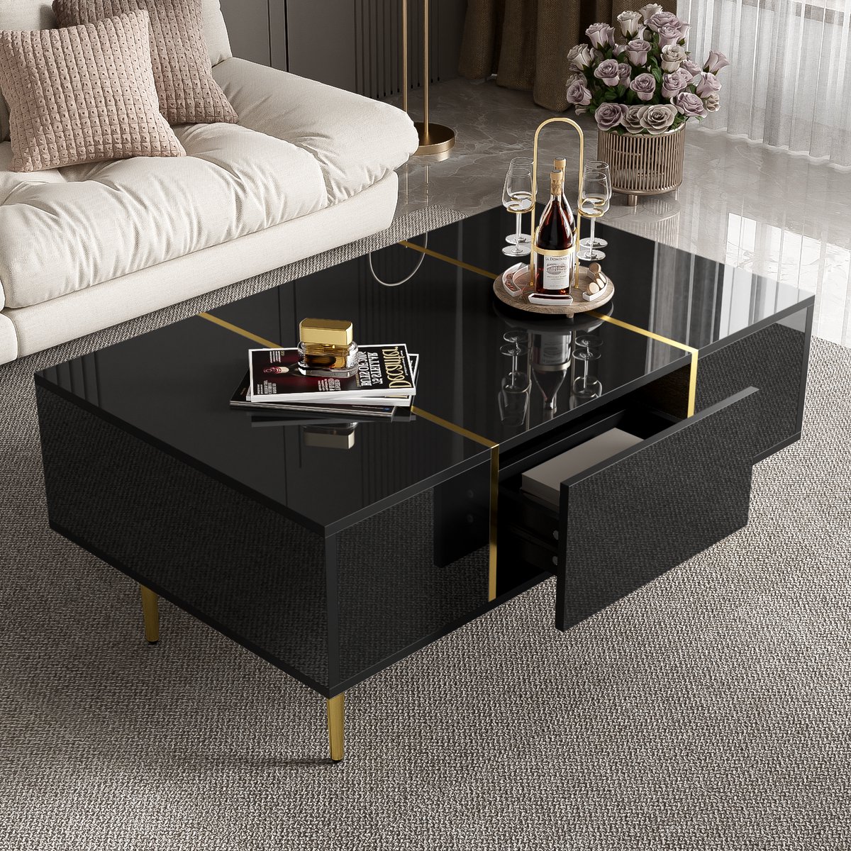 Wishdor Salontafel Hoogglans Zwart met Gouden Accenten – 2 lades | MDF | 100×60×41,5 cm | Onderhoudsvriendelijk en Modern