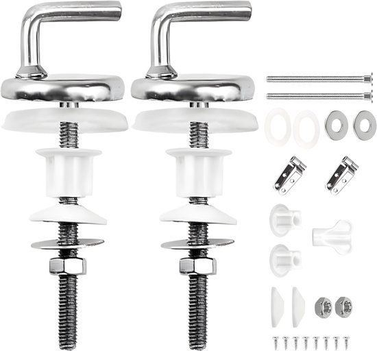 Toiletbril scharnieren set met bevestigingsmateriaal, zilverkleurig.