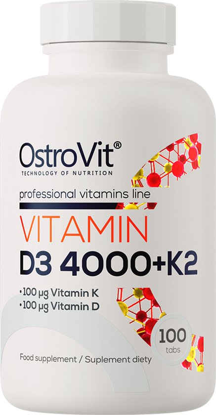 Wit flesje met rode en gele grafische elementen en de tekst OstroVit VITAMIN D3 4000+K2.
