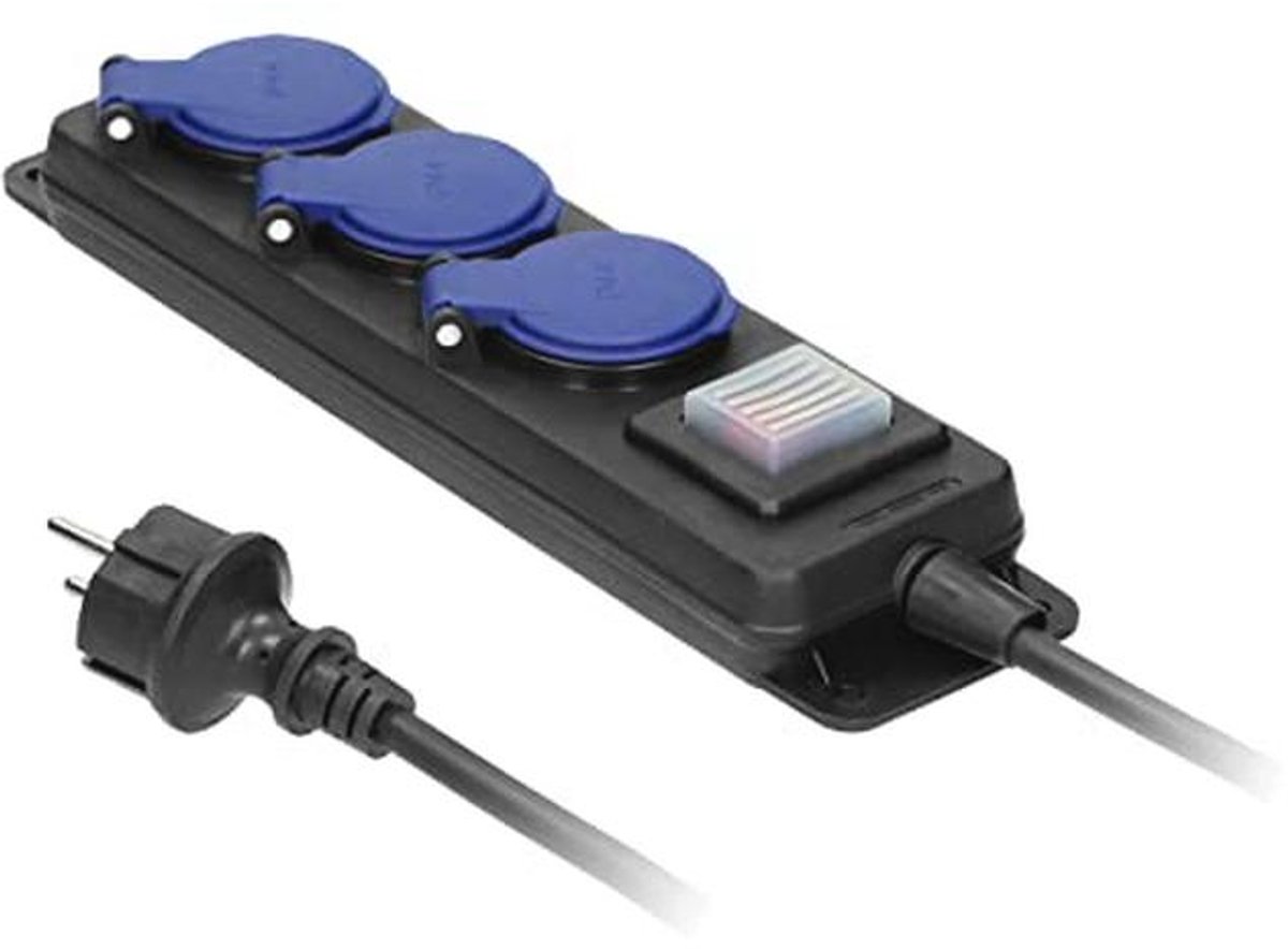 Waterdichte Verlengkabel met Schakelaar en 3 Stopcontacten - IP44, Rubber Kabel 3m