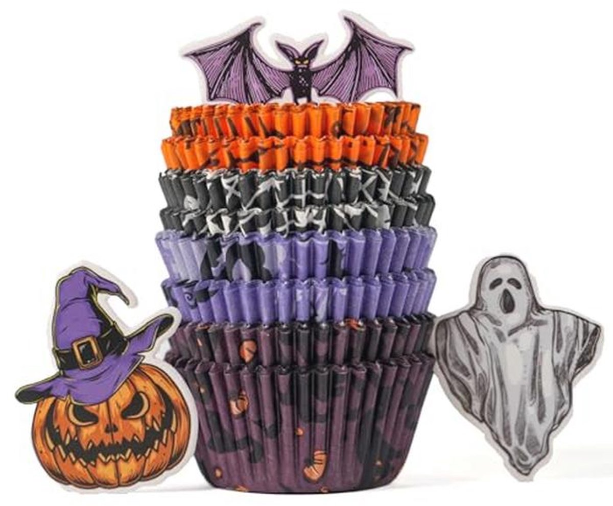 200 Stuks Cupcakevormpjes en Toppers voor Halloween, Standaardformaat Bakbenodigdheden