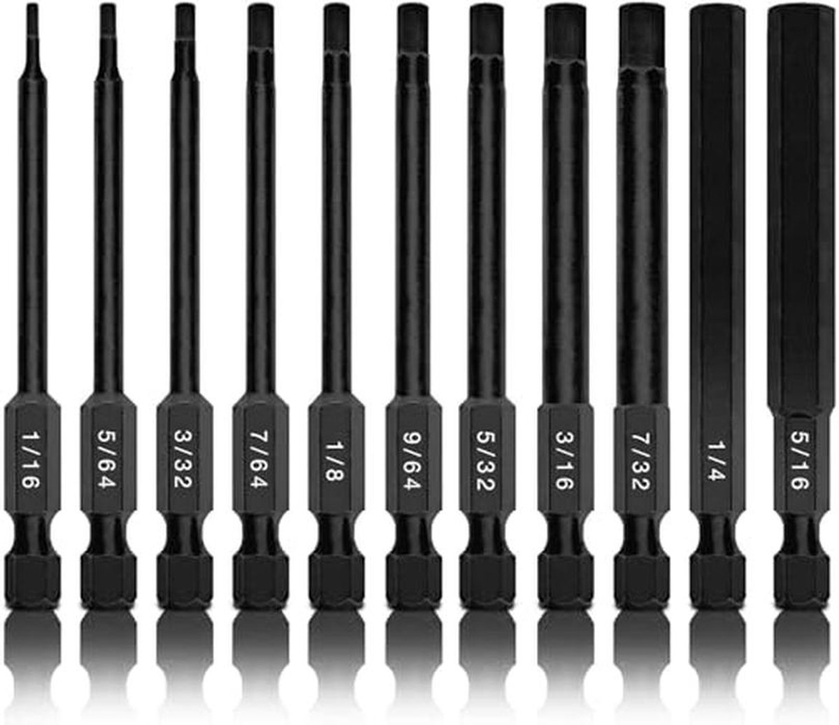 Inbussleutelset met 11 zeskant-boren, SAE-maten 1/16" tot 5/16", magnetisch met 3 inch snel span schroeven, S2-staal voor boormachines en slagschroevendraaiers