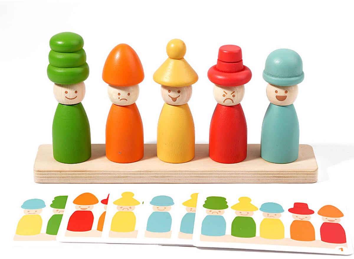 DOWO® Houten Poppen Speelset – Matchingspel – Poppenhuispoppetjes Familie – Houten Poppenhuispoppen – 5 Buigpopjes – Montessori Speelgoed – Educatief Speelgoed voor Jongens en Meisjes