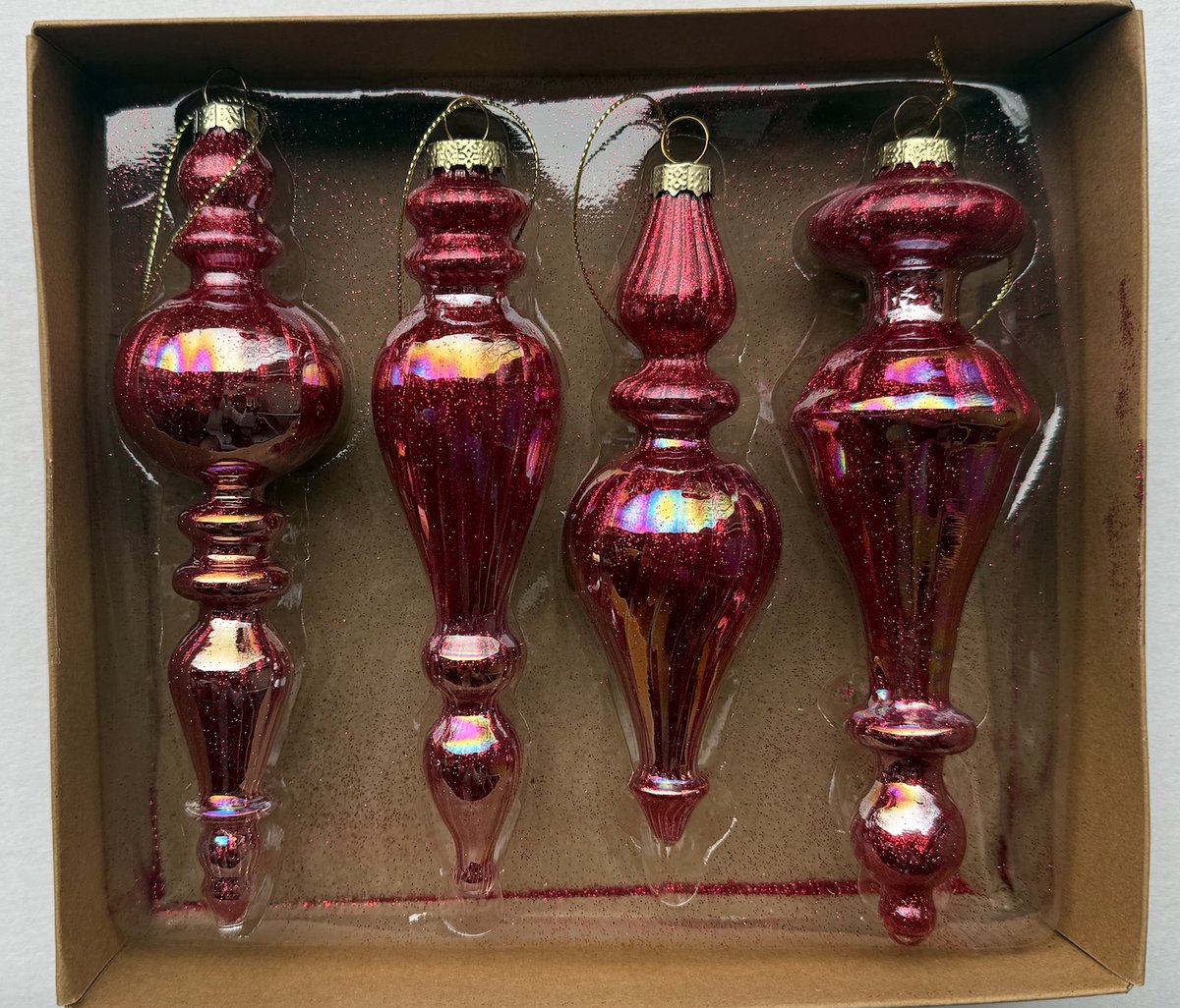 Set van 4 rode glitter kerstornamenten – 15 tot 18 cm – klassieke druppel- en pegelvormen - Glas