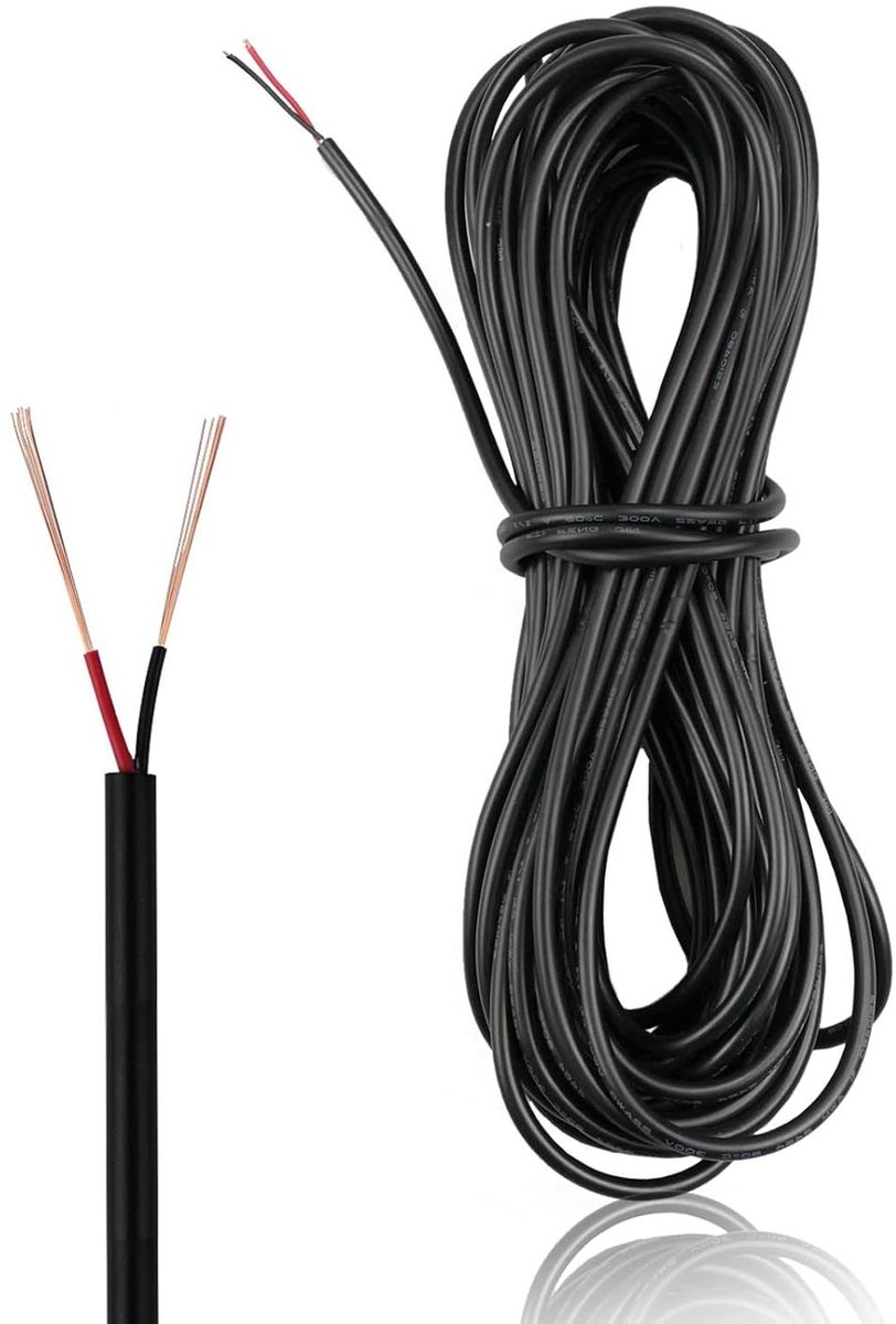 Cosensi - Aardkabel 10 meter 2-aderig voor vochtige ruimtes 300 V zwart 22AWG ronde kabel met gevlochten pvc elektrische draad Ø 3,5 mm