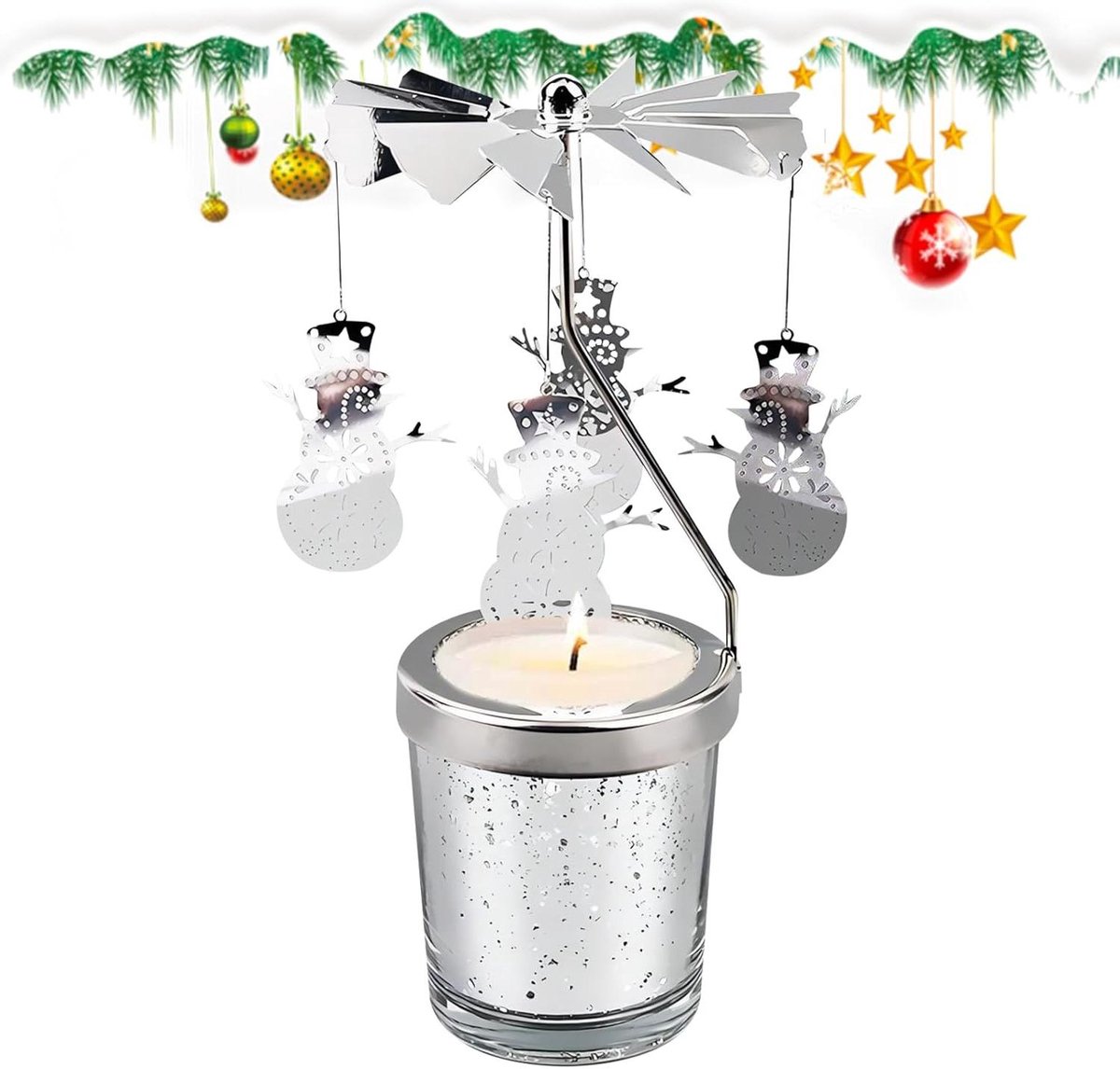 Cosensi - Roterende kandelaar voor Kerst - Draaiende kaarsenhouder met sneeuwpop - Metaal carrousel theelichthouder - Feestdecoratie - Kerstversiering