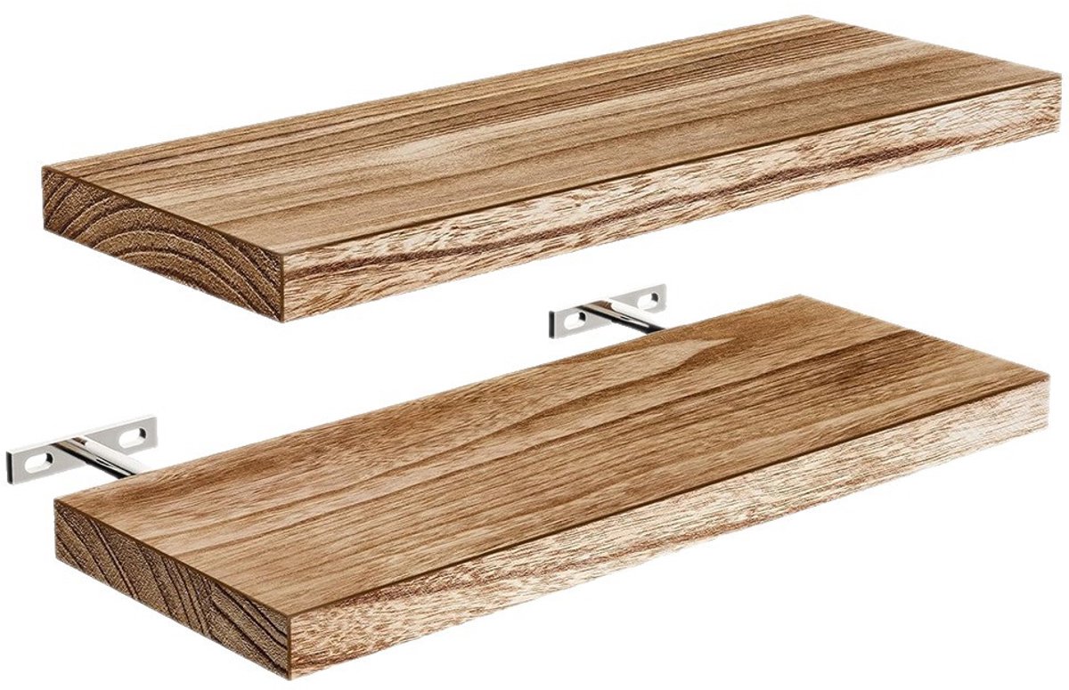 2 houten wandplanken - wandplank - wandplank hout - Opbergrek - Gebruikt voor thuisorganisatie - Hout - Natuurlijke houtkleur
