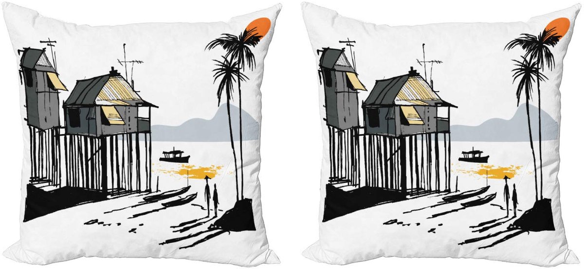 ABAKUHAUS Kustkussenhoezen Set – 2x40x40 cm – Dubbelzijdig digitaal bedrukt – Zwart/Grijs/Oranje Schwarz