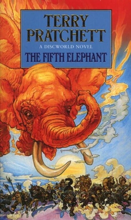 Boekomslag van Terry Pratchetts 'The Fifth Elephant', met een grote oranje olifant die uit de lucht neerdaalt boven krijgers.