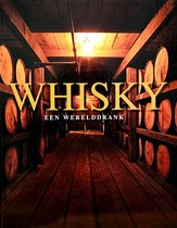 Boek met whiskyvaten opgestapeld in een kelder. De titel 'WHISKY EEN WERELDRANK' staat centraal.