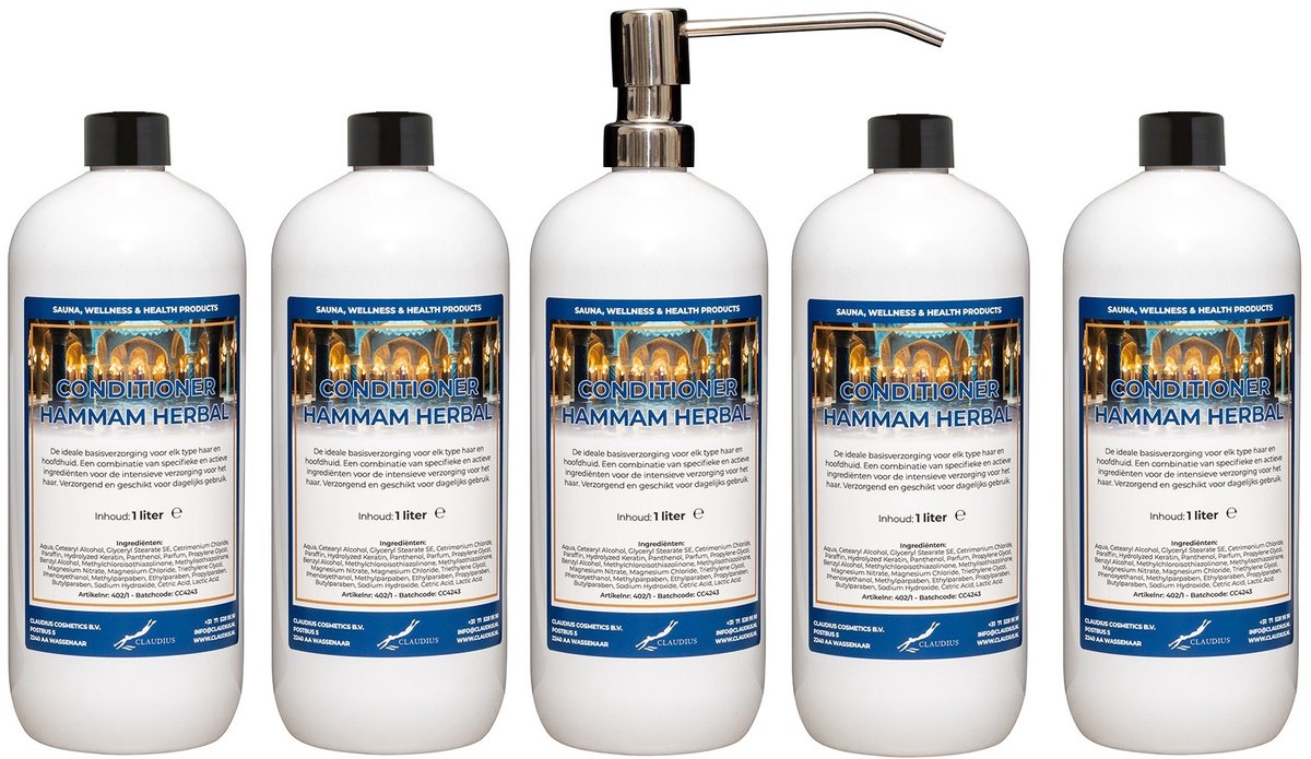 Hairconditioner Hammam Herbal 1 liter met luxe RVS zilverkleurige pomp - set van 5 stuks
