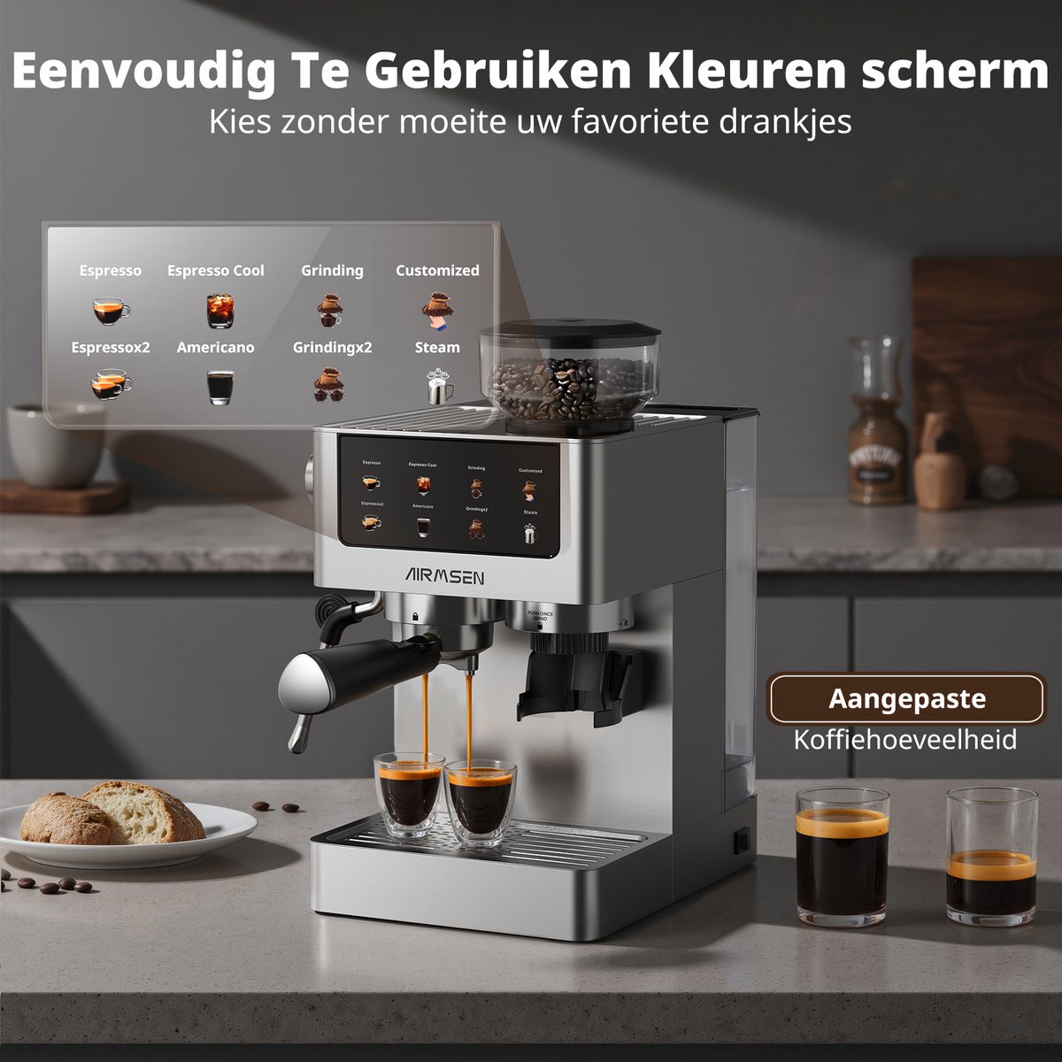 AIRMSEN Espressomachine - Met Ingebouwde Bonenmaler - 20 Bar - Stoomstaf - RVS - Touchscreen - Americano & Latte - Zilver — afbeelding 3