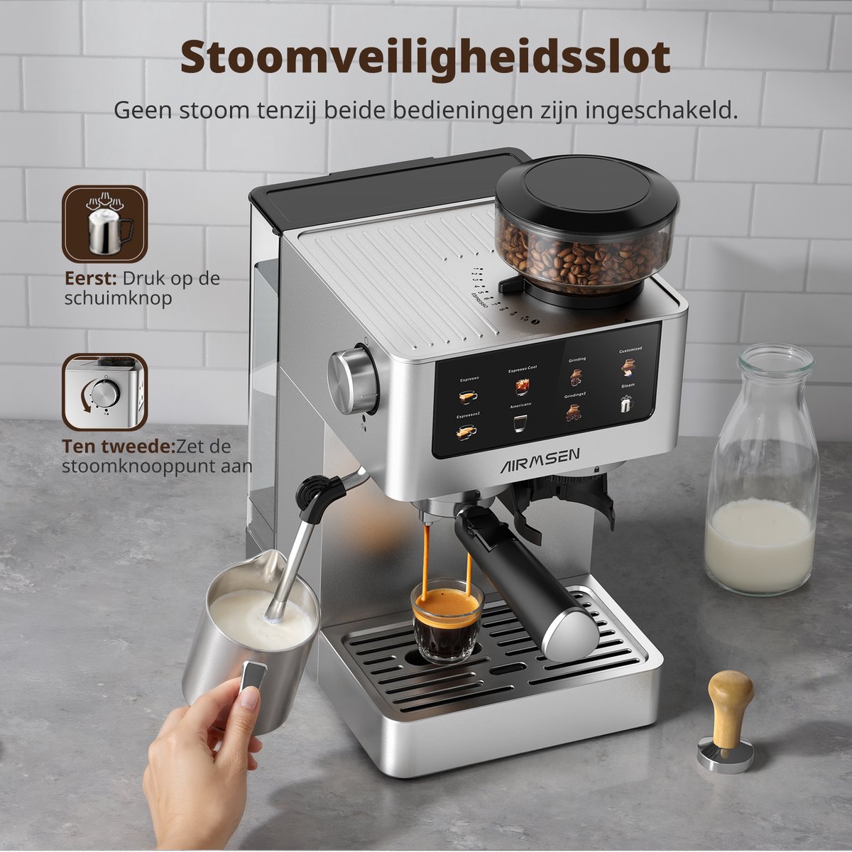 AIRMSEN Volautomatische Espressomachine - Met Bonenmaler & - afbeelding 2