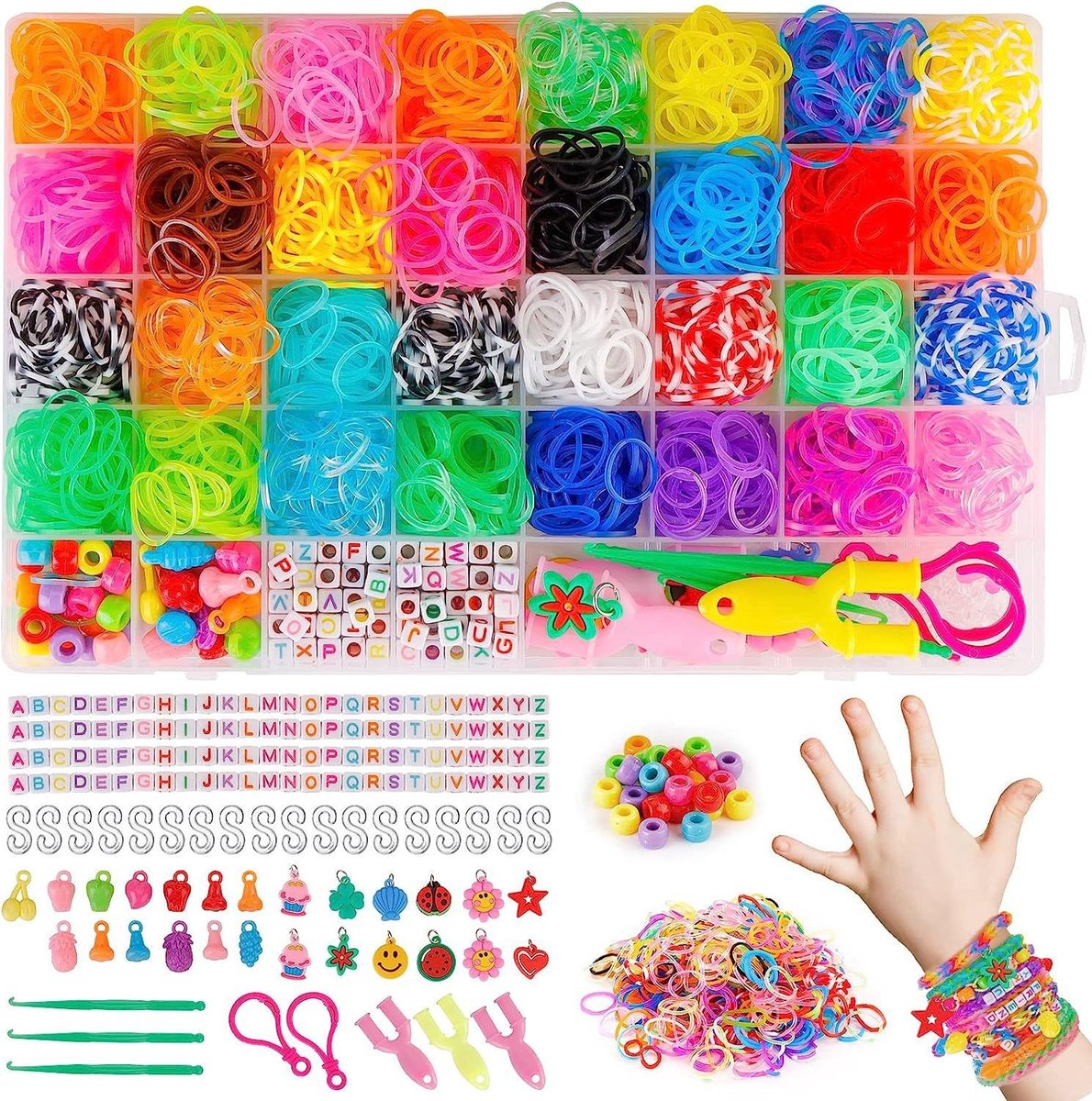 Loom -Loombandjes-loombandjes starterspakket- Eco Friendly Latexvrije Loom Elastiekjes -40 vierkantenHoge capaciteit-Veel accessoires-2024 loom-32 kleuren