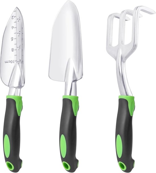 Tuingereedschapset, 3-delig, bestaande uit een tuinschep, verplantschep en hark, met ergonomische antislip handgrepen, gemaakt van aluminiumlegering, geschikt voor gazon- en tuinbeplanting.