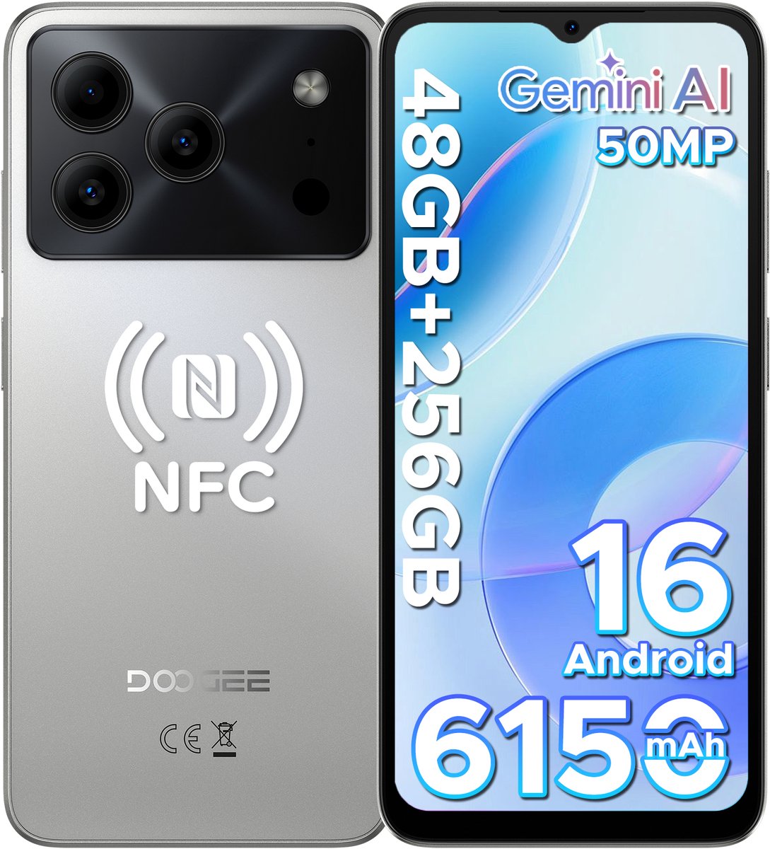 DOOGEE Note 56 Plus - Smartphone - Telefoon - 48 GB RAM+ 256 GB ROM (2TB/TF) - 50 MP camera - 6150 mAh/18W - 6.56 inch 90Hz - Gemini AI - Widevine L1 - NFC - Face ID - Vingerafdruk - GPS - Natural