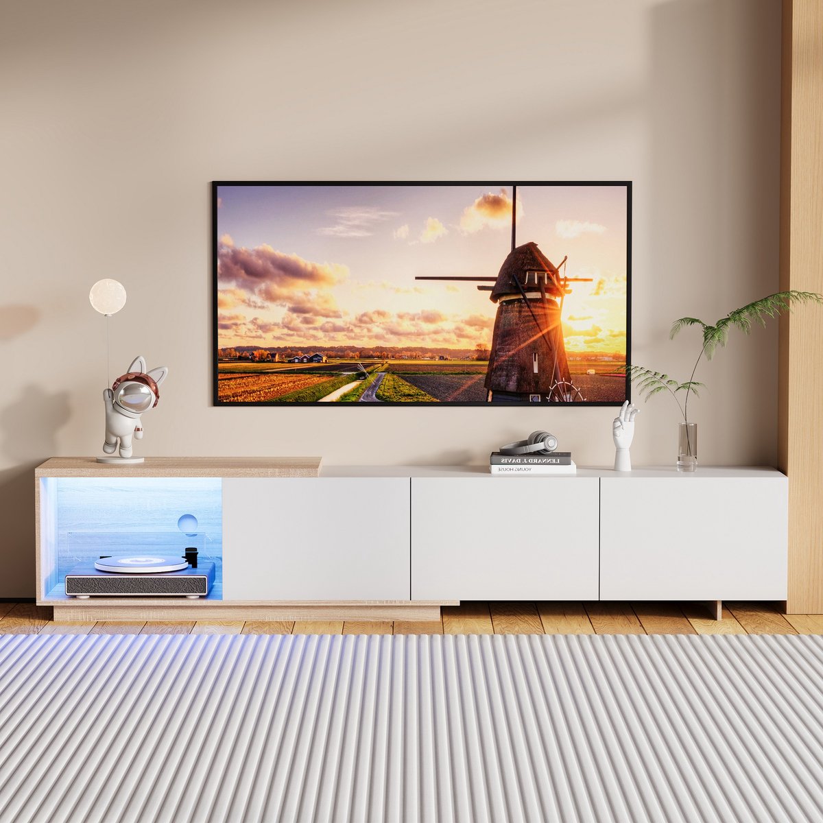 Moderne tv-kast met led-verlichting, tv-tafel met 3 lades, tv-kast van hout, bijzettafel voor in de woonkamer, opbergkast met houtlook, wit, 240 x 38 x 44 cm (splitsen voor 2 pakketten voor verzending)