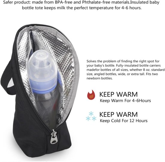 2 Stuks - Melkfles Warmhouder - Melkfles Tas - Thermotas - Isolatietas voor Babyfles - Draagbare Moedermelk Opslag - Fles Warmer Onderweg - 8x7x22 cm - Zwart — afbeelding 3