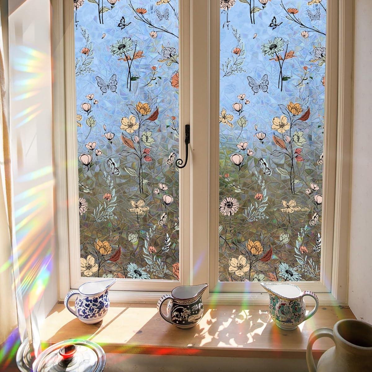 Cosensi Raamfolie privacyfolie regenboog boho bloem 3D decoratieve vinyl glas-in-loodfolie wilde bloemen stickers niet-klevend 40 x 101,6 cm gekleurd