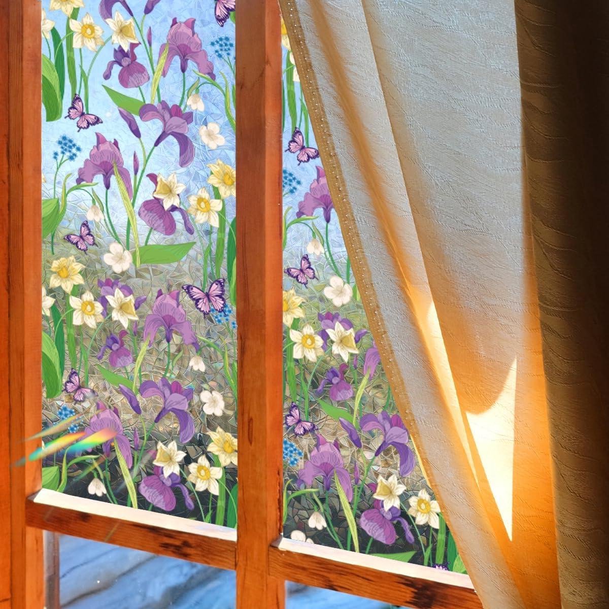 Cosensi Raamfolie regenboog paarse bloemen 3D decoratief vinyl glas in lood vlinder stickers - statische niet-klevende folie 40 x 101,6 cm Groen