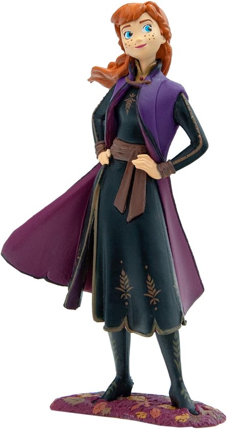 Figurine Anna avec tresses rousses, robe noire avec gilet violet, ceinture et bottes marron.