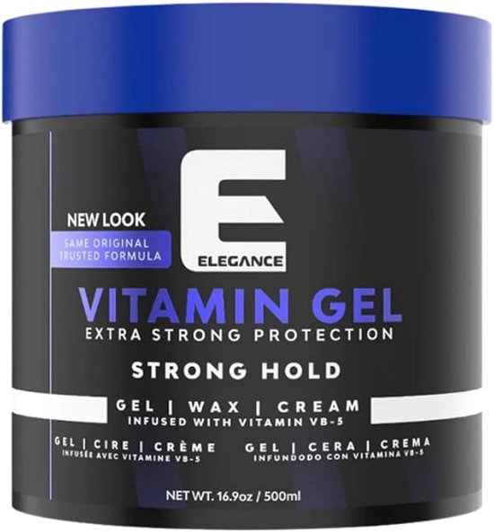 Elegance Vitamin Gel pot met blauwe deksel. "New Look, Same Original Trusted Formula" staat op het label.
