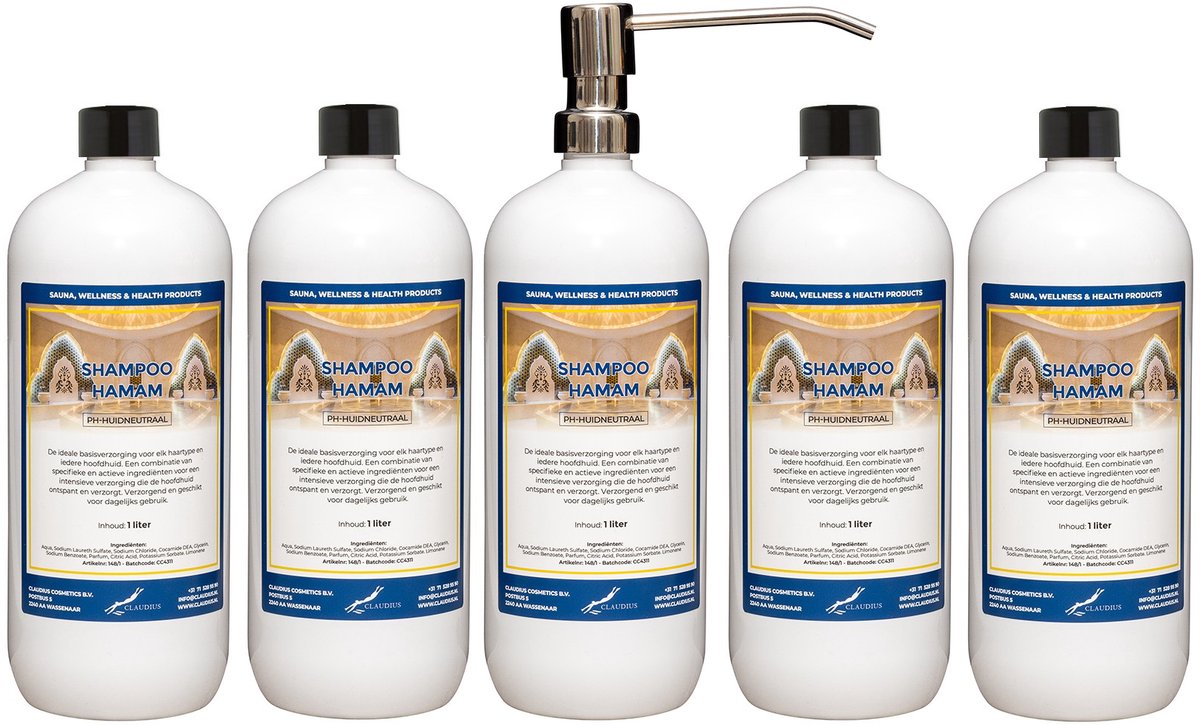 Shampoo Hamam 1 liter met luxe RVS zilverkleurige pomp - set van 5 stuks - voordeelverpakking - haarverzorging