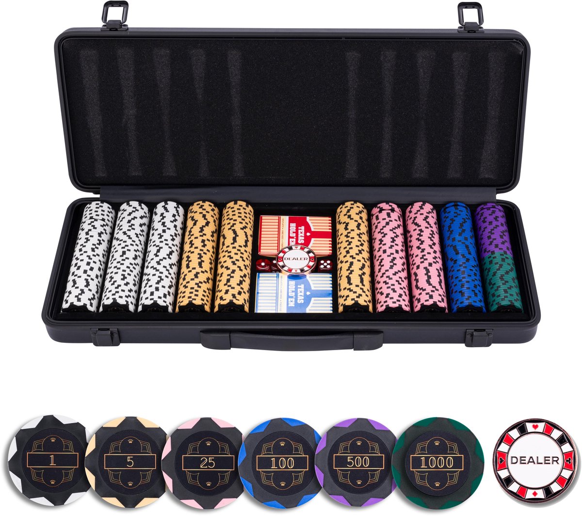 Pokerset 500 Chips 14 Gram – Waarde Chips €1 €5 €25 €100 €500 – Speelkaarten, Dealer Button & Dobbelstenen – Zwarte Aluminium Koffer – Engelhart