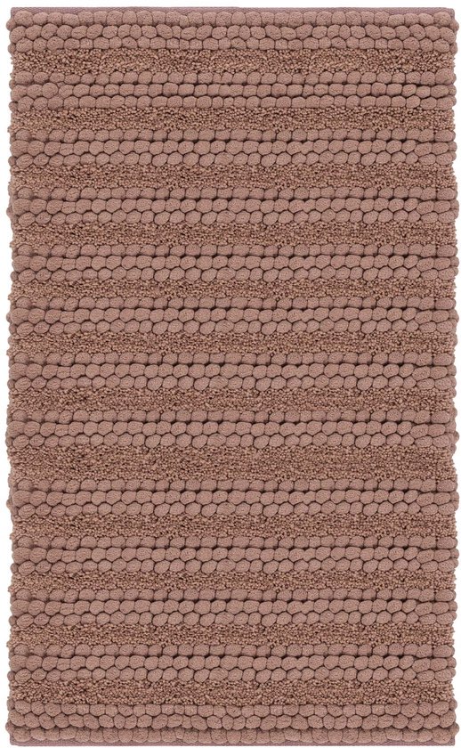 Lichtroze badmat met horizontale banen van verschillende texturen, zoals kleine bolletjes en een ribbelpatroon.