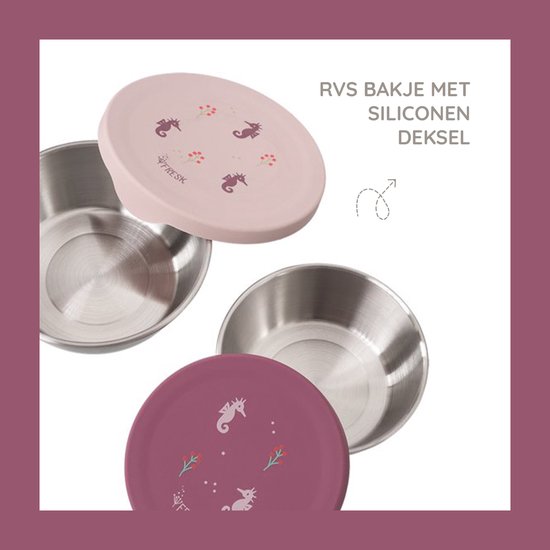 Twee roestvrijstalen bakjes, elk met een bijpassend deksel met zeepaardjesprint. Dekselkleuren: paars en roze.