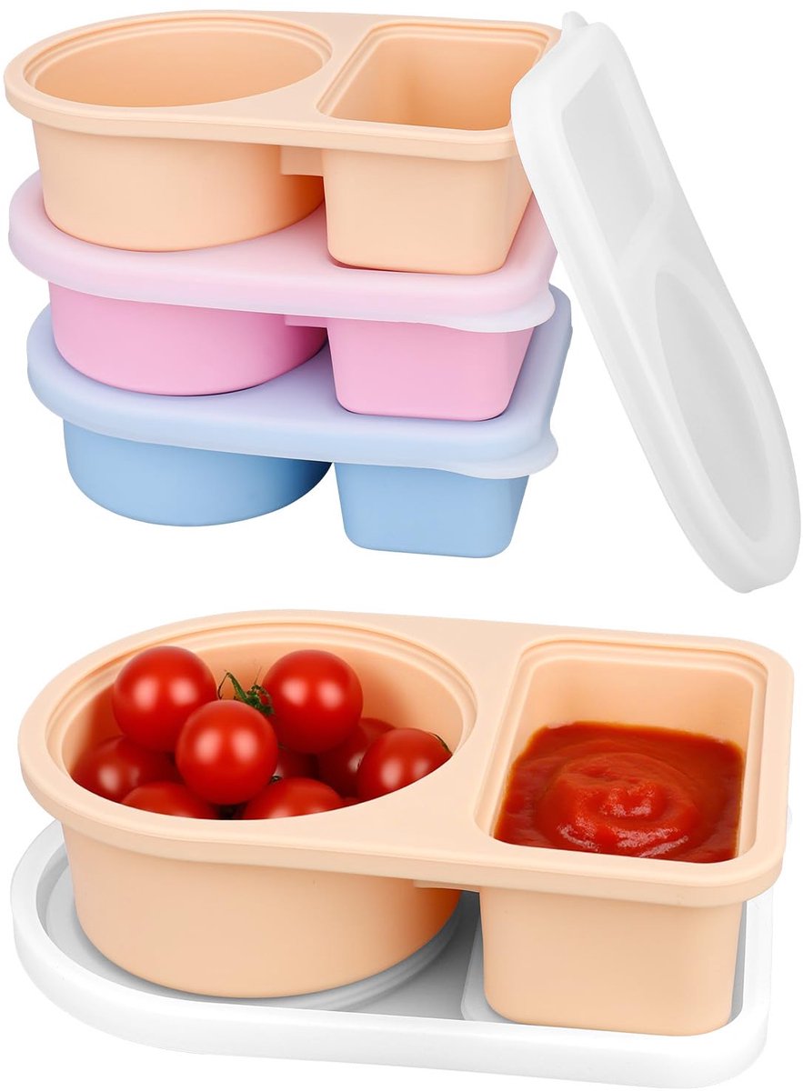 3 stuks herbruikbare snackverpakkingen met deksels, siliconen snackdoos met dubbele verdeler voor saladedressing, saus, kruiden, kleine portiecontrole, reispicknick