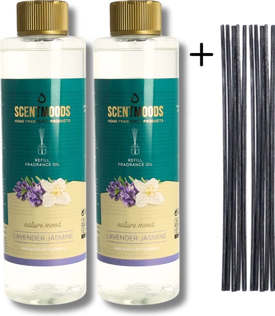 Twee flessen Lavendel Jasmijn geurolie en twaalf geurstokjes.