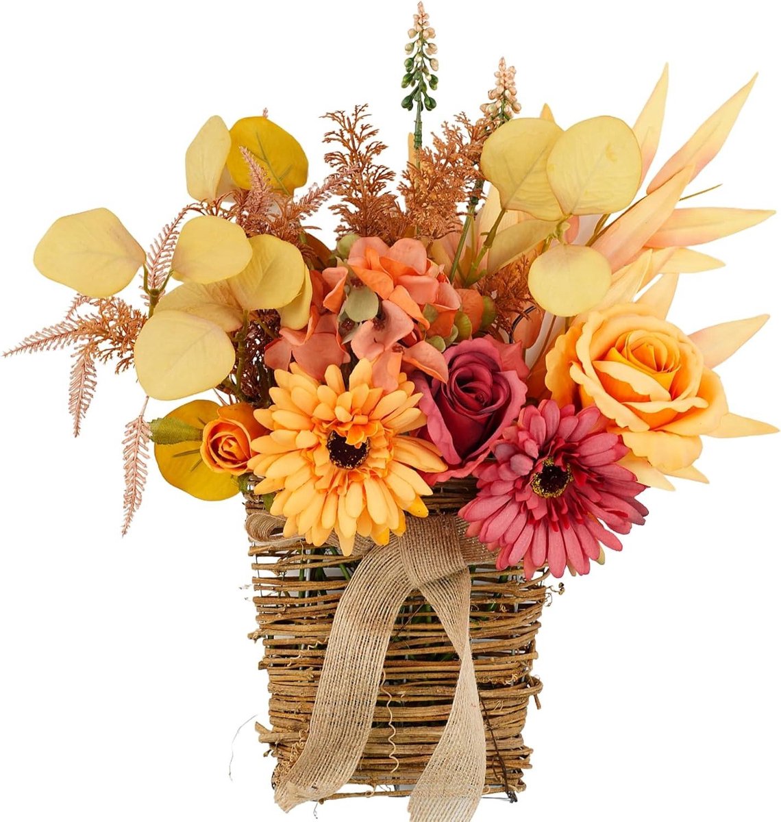 Cosensi Kunstbloem met Hangende Mand voor Wanddecoratie in Herfststijl - Faux Oranje Bloemen Boeket in Kleine Rieten Manden - Voordeur, Keukengerei, Boerderij - Veranda, Tuin, Woondecoratie Any