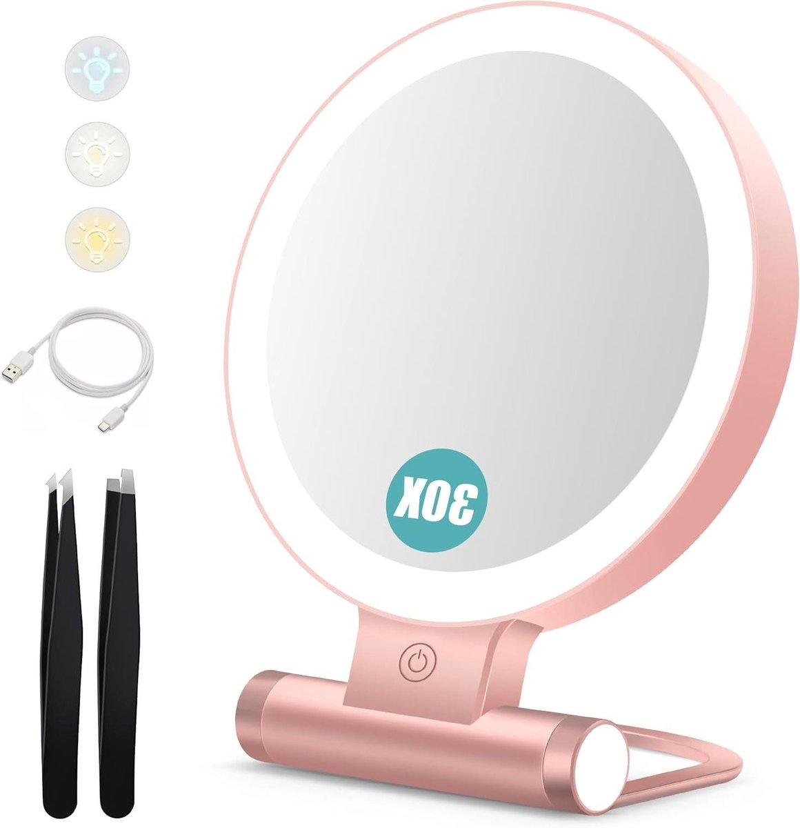 Cosensi - Make-upspiegel met verlichting en 30x vergroting, 2000 mAh, 3 verlichtingsmodi