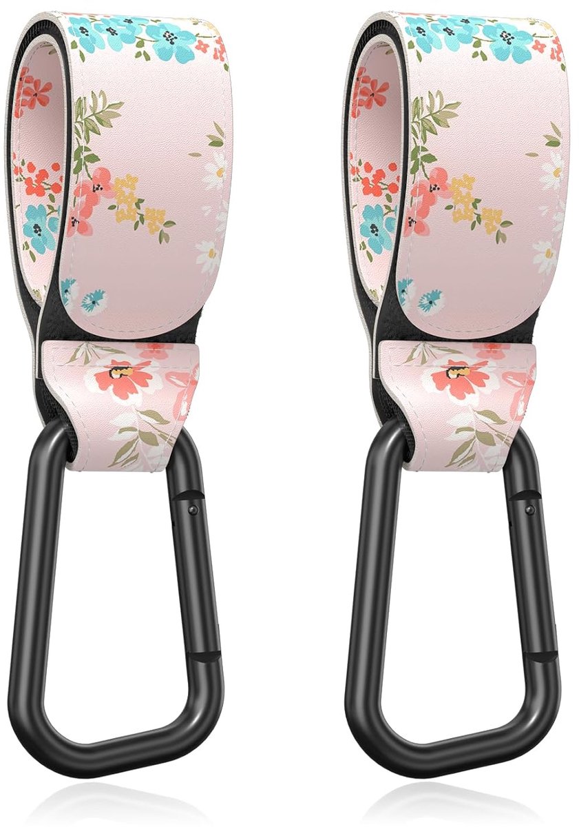 BOTC Kinderwagen tassenhaakjes - Leer - Haakjes voor tassen - Set van 2 - Leather - Extra stevig - Buggy haakjes - Roze bloem van BOTC
