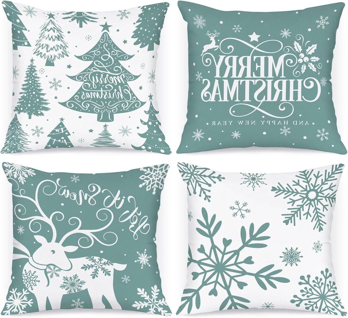 Cosensi Kerstkussenslopen set van 4 stuks, cartoonherten sneeuwvlok winter decoratieve vakantie kussensloop 45 x 45 cm voor binnenhuis bank - kerstdecoratie in lichtgroen. Any