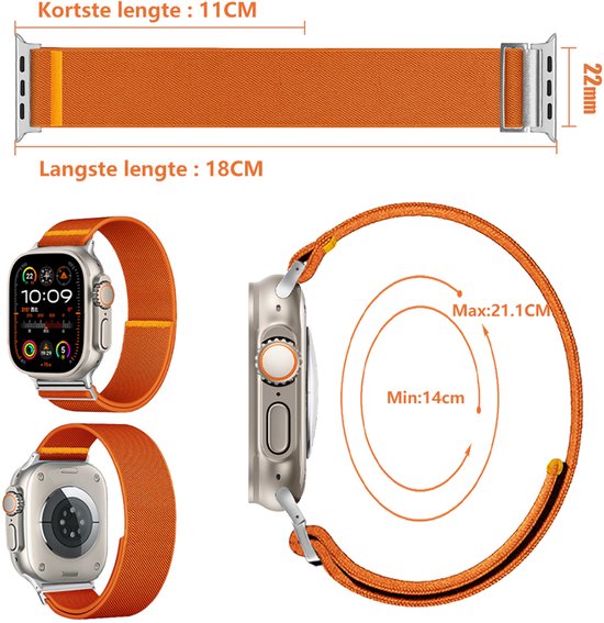 Afmetingen en weergave van een oranje elastisch horlogebandje dat om een Apple Watch is bevestigd.